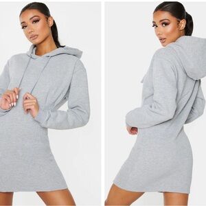 Grey Pleated Hoodie Sweatshirt Dress, Size 12, by PrettyLittleThing